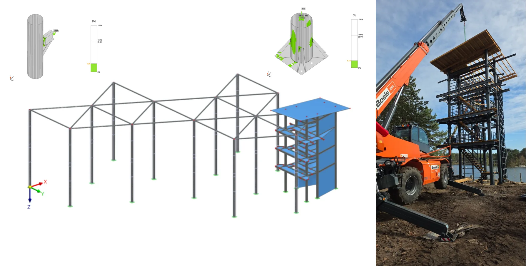 Structural model of the recreational park tower system and 135 m zipline in Vossemeren, Belgium